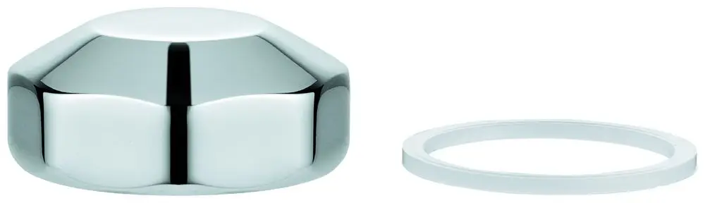GROHE Deckel in glänzendem Metallfinish mit einem weißen Gummiring auf der rechten Seite, geeignet für WC-Druckspüler im Aufputz-Design.