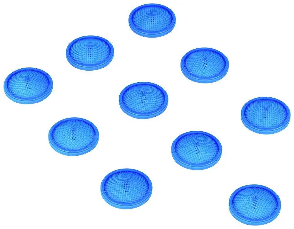 Blaues Sieb aus Kunststoff in runder Form, in einer Anordnung von mehreren Elementen, möglicherweise zur Verwendung in Grohe-Duschköpfen.