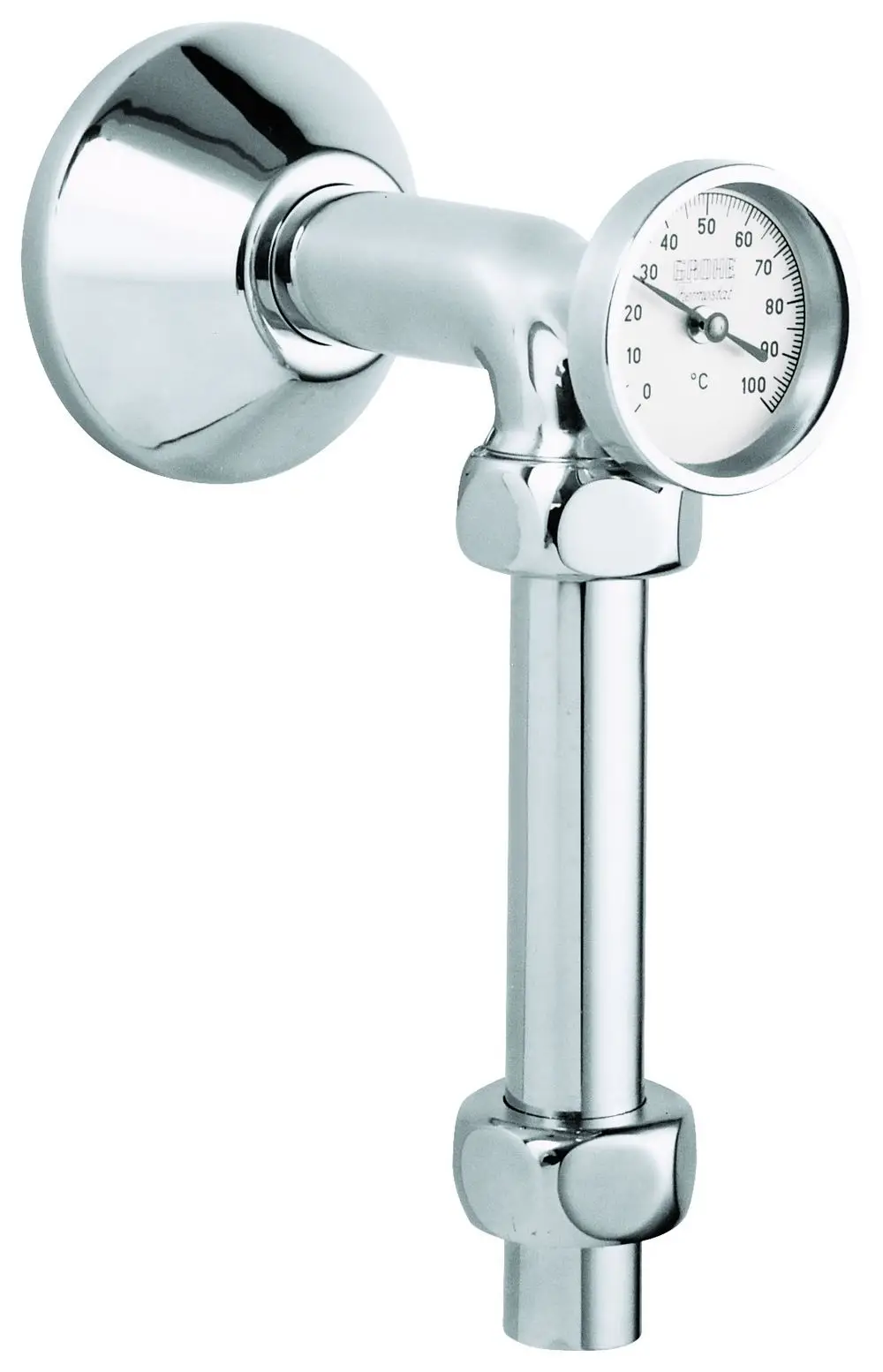 GROHE Abgangsbogen mit Thermometer, verchromte Oberfläche, Quetschverschraubungen, an einer Wand montiert. 
