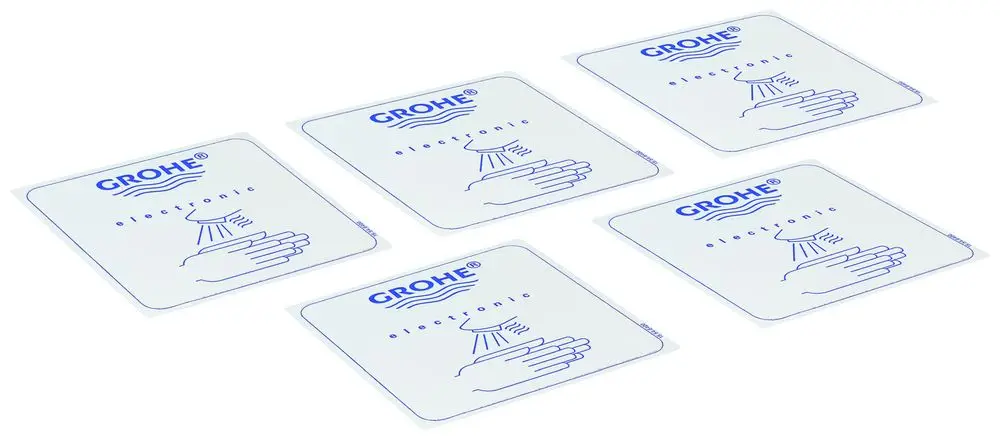 Sticker mit dem Grohe-Logo und einem elektronischen Piktogramm, set mit fünf identischen Aufklebern für die Kennzeichnung von Produkten.
