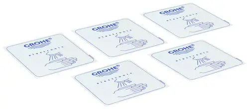 Sticker mit dem Grohe-Logo und einem elektronischen Piktogramm, set mit fünf identischen Aufklebern für die Kennzeichnung von Produkten.