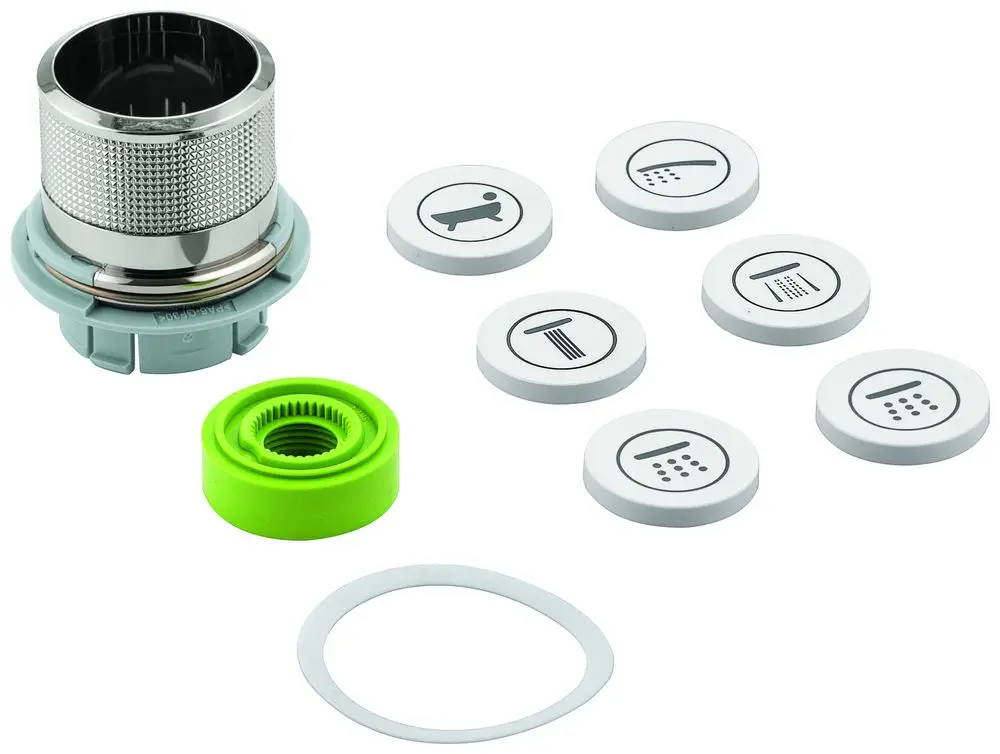 GROHE Druckknopfbetätigung bestehend aus einem runden Betätigungsmechanismus, einer grünen Verbindung, einer Dichtung und mehreren symbolisierten Auswahlknöpfen.