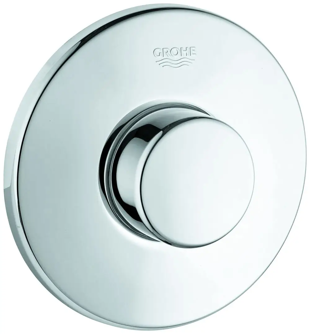 Runder Druckknopf zur Betätigung, gefertigt von Grohe. Die Oberfläche ist glänzend und spiegelt Licht wider. Ideal für eine moderne Sanitärinstallation.