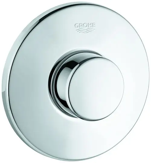 Runder Druckknopf zur Betätigung, gefertigt von Grohe. Die Oberfläche ist glänzend und spiegelt Licht wider. Ideal für eine moderne Sanitärinstallation.