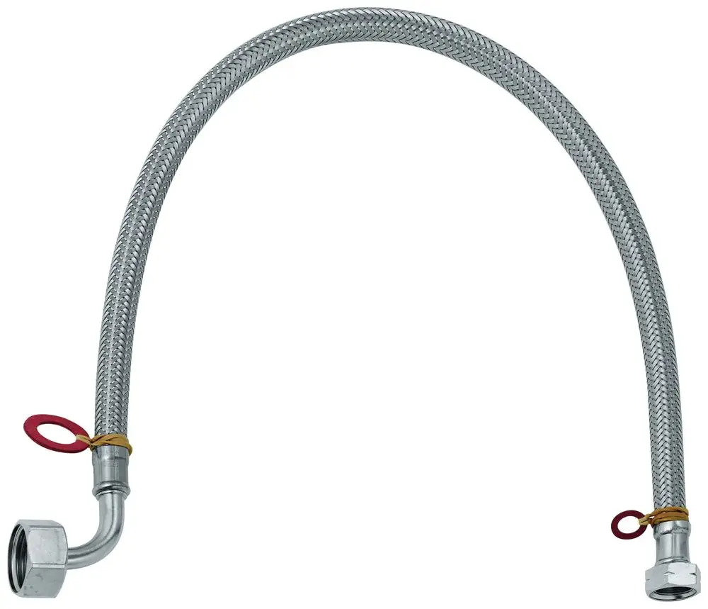 Flexibler Druckschlauch von Grohe mit metallischer Umflechtung und zwei Anschlüssen, einer mit M15x1 Gewinde. Ideal für Sanitärinstallationen.