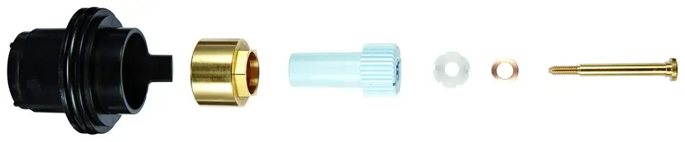 Zerlegtes Bauteil von Grohe, bestehend aus mehreren Komponenten, darunter ein schwarzer Körper, eine goldene Fassung, eine blaue Hülse und weitere kleine Einzelteile.