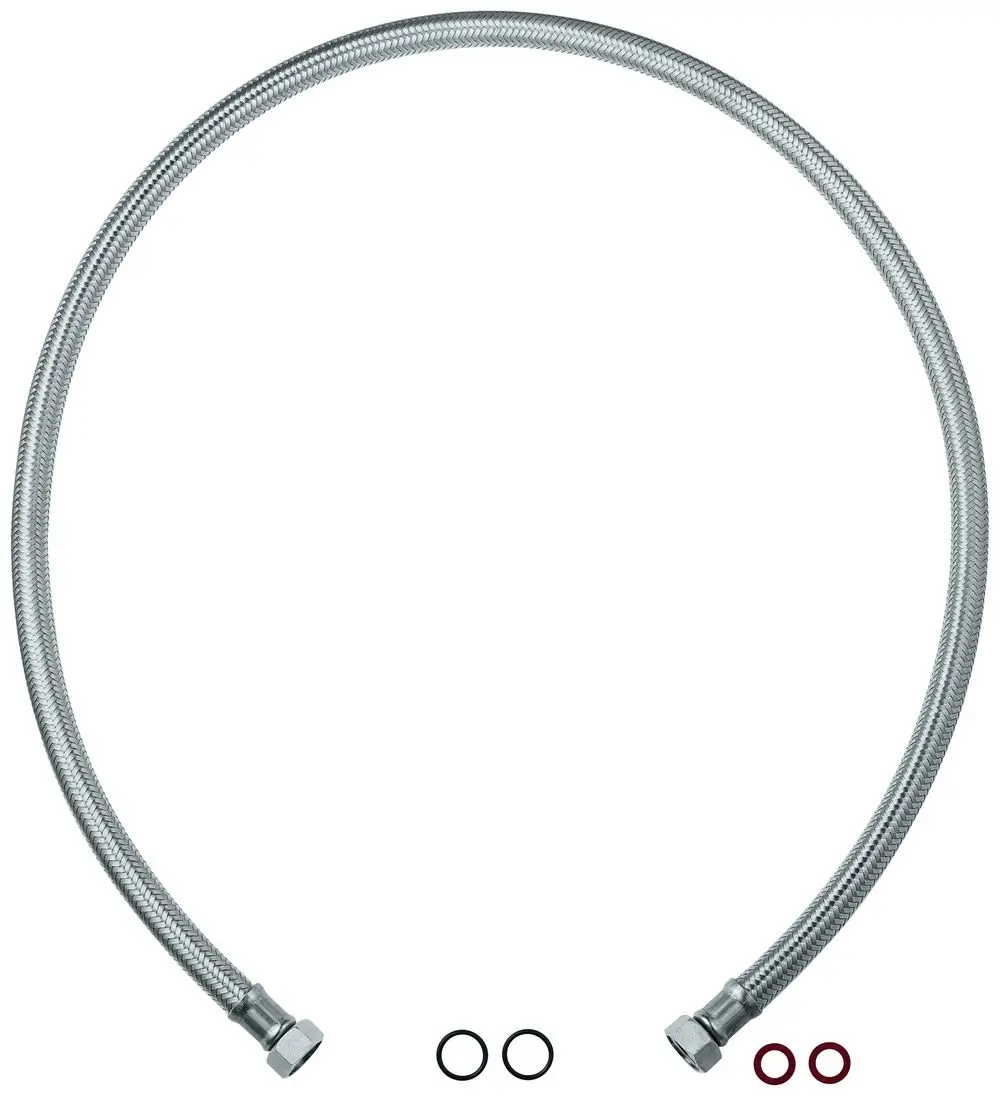 Flexibler Druckschlauch aus Metall mit Schraubanschlüssen an beiden Enden. Enthalten sind zwei schwarze und zwei rote Dichtungsringe. Geeignet für Grohe Produkte.