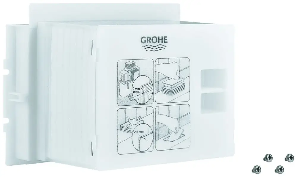 Weißer Revisionsschacht von Grohe mit verschiedenen Montageanleitungen auf der Vorderseite und Schrauben daneben. Ideal für verdeckte Installationen.