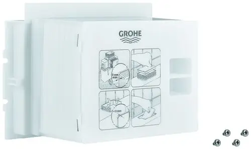Weißer Revisionsschacht von Grohe mit verschiedenen Montageanleitungen auf der Vorderseite und Schrauben daneben. Ideal für verdeckte Installationen.