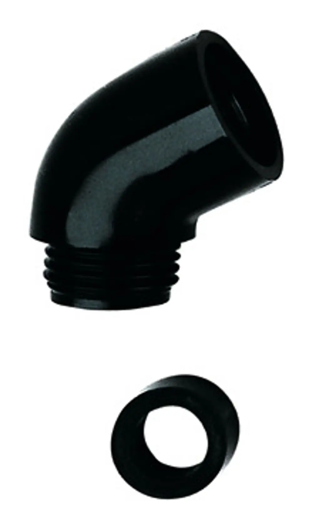 Schwarzer Adapter mit einem abgewinkelten Anschluss, hergestellt von Grohe. Der Adapter hat ein Gewinde und wird oft in Sanitärinstallationen verwendet.
