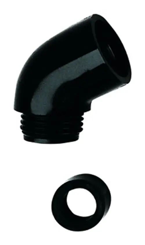 Schwarzer Adapter mit einem abgewinkelten Anschluss, hergestellt von Grohe. Der Adapter hat ein Gewinde und wird oft in Sanitärinstallationen verwendet.