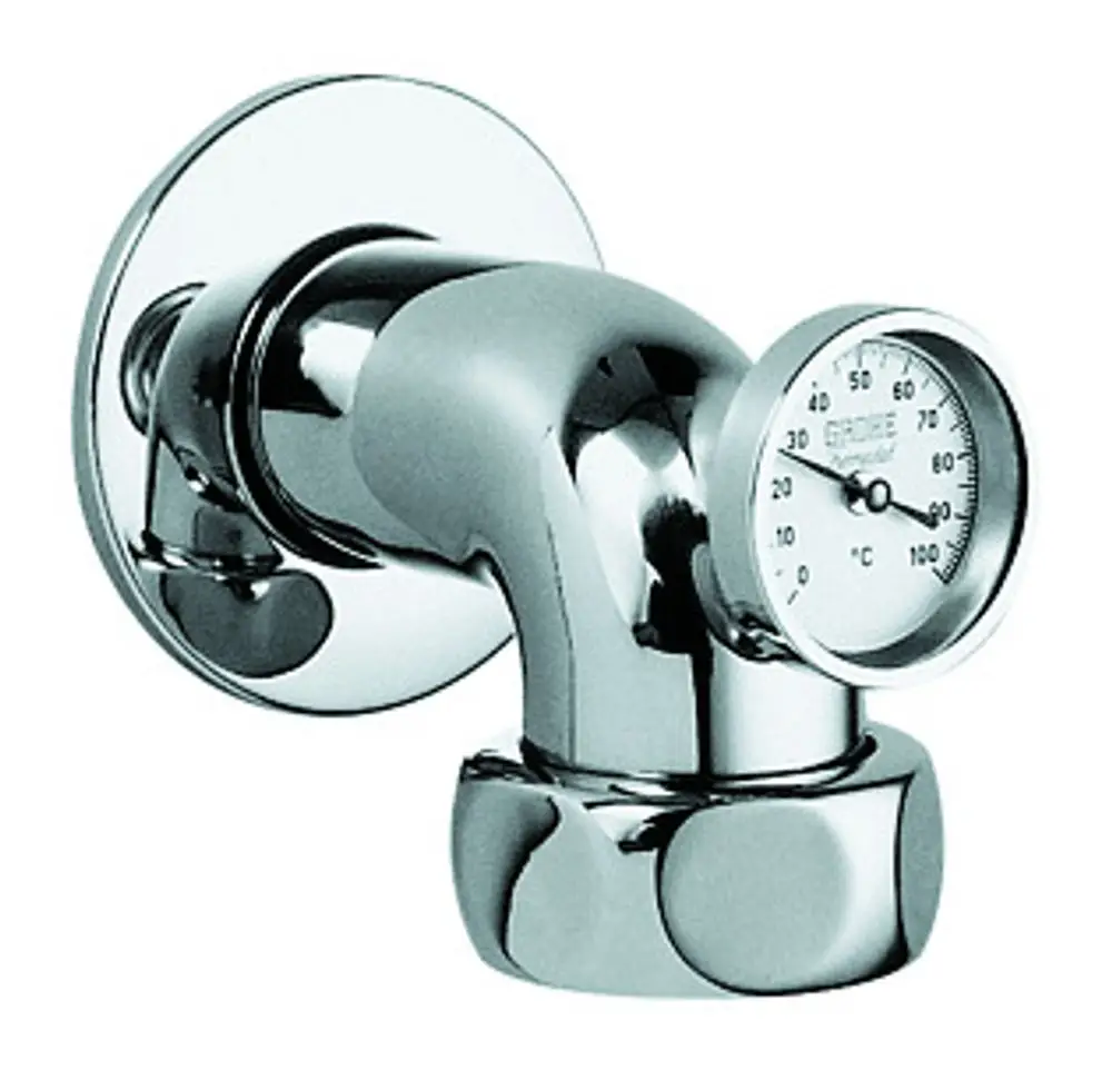 Grohe Abgangsbogen mit integriertem Thermometer, verchromt, verbindet Rohrleitungen und zeigt Temperatur in Celsius an. Die Montage erfolgt einfach an der Wand.