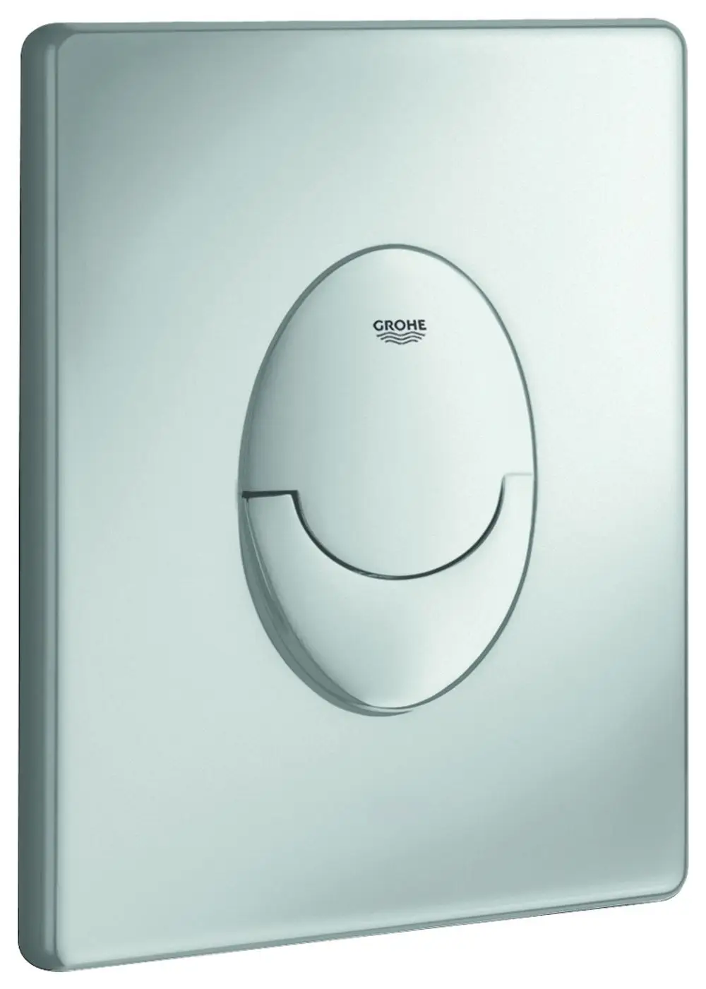 Betätigungselement von Grohe in mattem Chrom für WC-Spülung, rechteckige Form mit rundem Druckknopf in der Mitte.