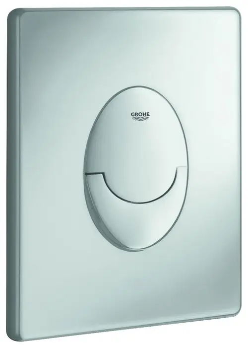 Betätigungselement von Grohe in mattem Chrom für WC-Spülung, rechteckige Form mit rundem Druckknopf in der Mitte.