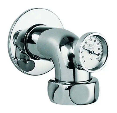 Chromierter Abgangsbogen mit integriertem Thermometer von Grohe. Der Bogen hat eine gebogene Form und ist an der Wand montiert. Themo-temperaturanzeige bis 100°C.