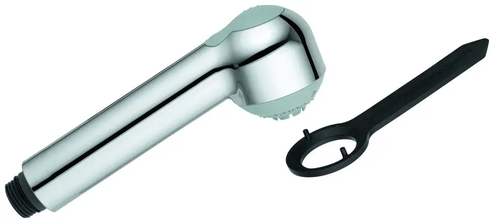 Grohe Duschkopf mit schimmernder Oberfläche und einem separaten Montageschlüssel in schwarzem Kunststoff.