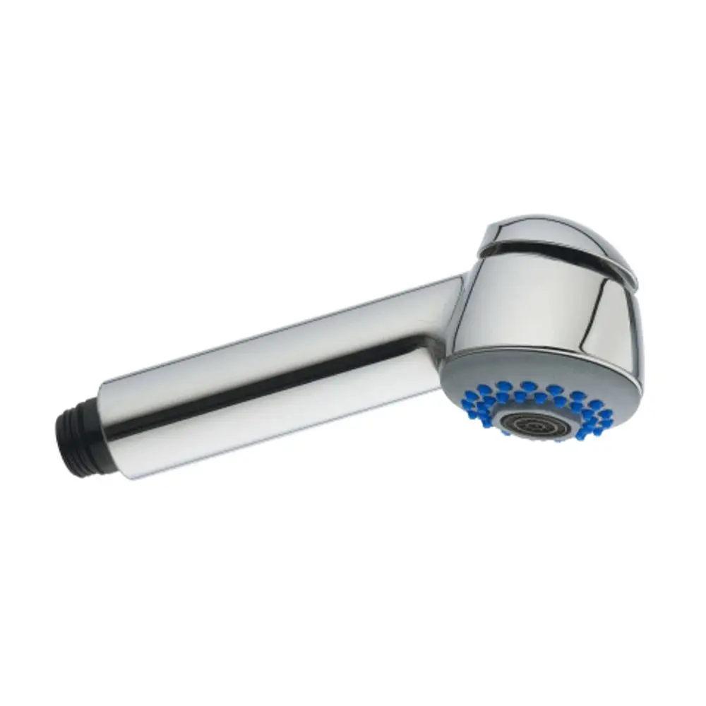 GROHE Brausekopf in Chrom, mit einem ergonomischen Design und blauem Sprühteller für variablen Wasserstrahl, geeignet für verschiedene Armaturen.