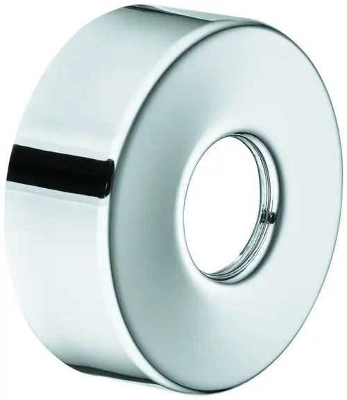 Runde, glänzende Schraubrosette aus Metall mit zentralem Loch, geeignet für Armaturen von Grohe. Kleinere Fläche auf einer Seite zeigt eine schwarze Markierung.