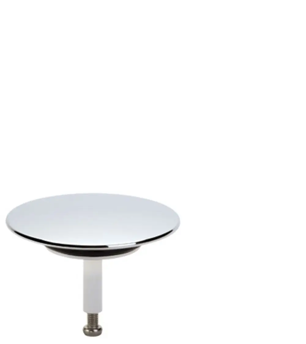 Chromfarbener Sicherheitsstopfen mit glatter Oberfläche und einem Schraubmechanismus, geeignet für eine Wanne, von Hansgrohe.