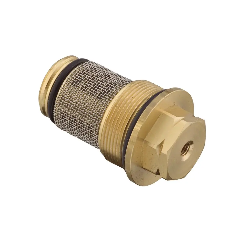 Brass Rückflussverhinderer von Hansgrohe mit Netzfilter. Er hat Außengewinde und eine zentrale Öffnung zur Installation in Heizsystemen.