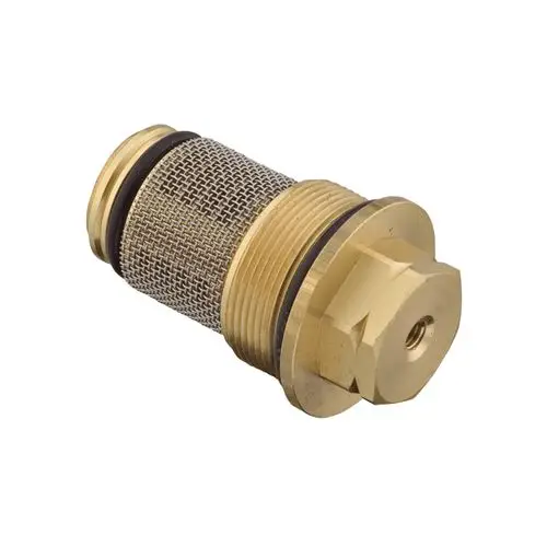 Brass Rückflussverhinderer von Hansgrohe mit Netzfilter. Er hat Außengewinde und eine zentrale Öffnung zur Installation in Heizsystemen.