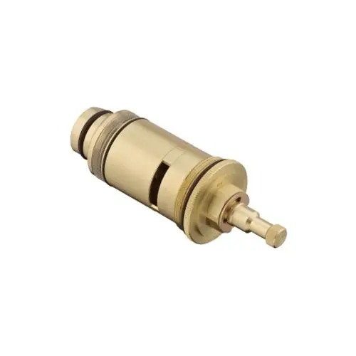 Thermostat aus Messing von Hansgrohe mit einem zylindrischen Gehäuse und Druckknopf, geeignet zur Temperaturregelung in Sanitäranlagen.