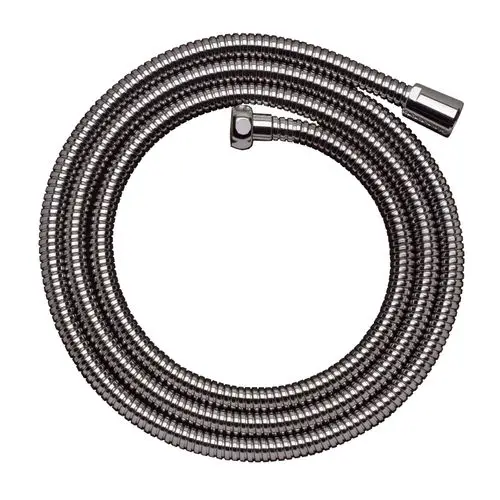 Chromfarbener Brauseschlauch mit Gewindeenden, aufgenommen vor neutralem Hintergrund. Produkt von Hansgrohe, geeignet für Armaturen mit vier Anschlüssen.