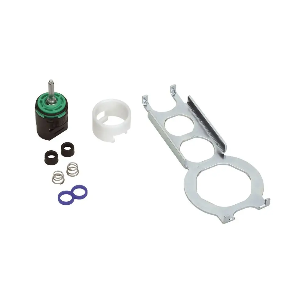 Komponenten für eine Hansgrohe Joystick Kartusche, bestehend aus einem Motor, Dichtungen, Federn und einer Halterung, angeordnet auf einem neutralen Hintergrund.