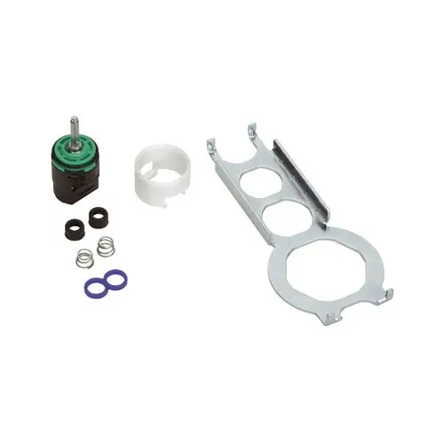 Komponenten für eine Hansgrohe Joystick Kartusche, bestehend aus einem Motor, Dichtungen, Federn und einer Halterung, angeordnet auf einem neutralen Hintergrund.