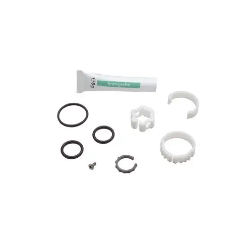 Dichtungsset von Hansgrohe mit verschiedenen O-Ringen, Kunststoffteilen und einer Tube Schmiermittel, angeordnet auf einem weißen Hintergrund.
