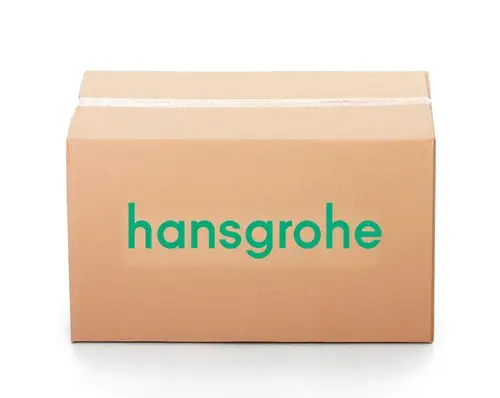 Kartonage mit dem Schriftzug "hansgrohe" in grüner Schrift auf der Vorderseite. Der Karton ist unbeschriftet und hat eine einfache, rechteckige Form.