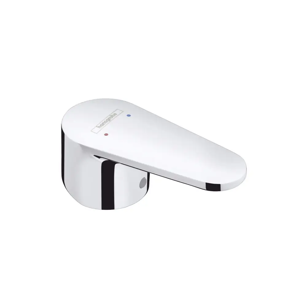 Wasserhahngriff von Hansgrohe in Chrom mit einer eleganten, abgerundeten Form. Farbige Markierungen für warmes und kaltes Wasser auf der Oberfläche.