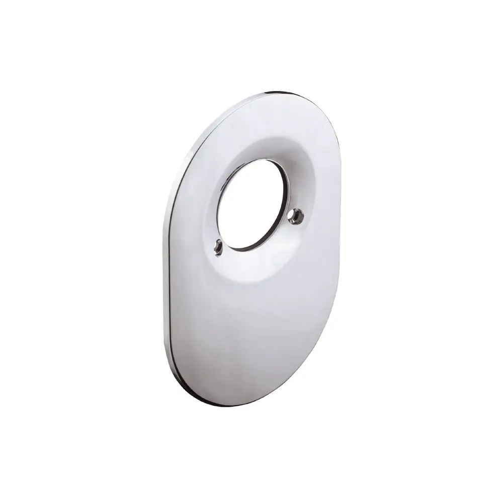 Glänzende Abdeckplatte für einen Unterputz-Brausenmischer von Hansgrohe, oval mit einem zentralen Loch und zwei Befestigungslöchern.