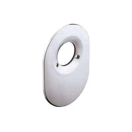 Glänzende Abdeckplatte für einen Unterputz-Brausenmischer von Hansgrohe, oval mit einem zentralen Loch und zwei Befestigungslöchern.