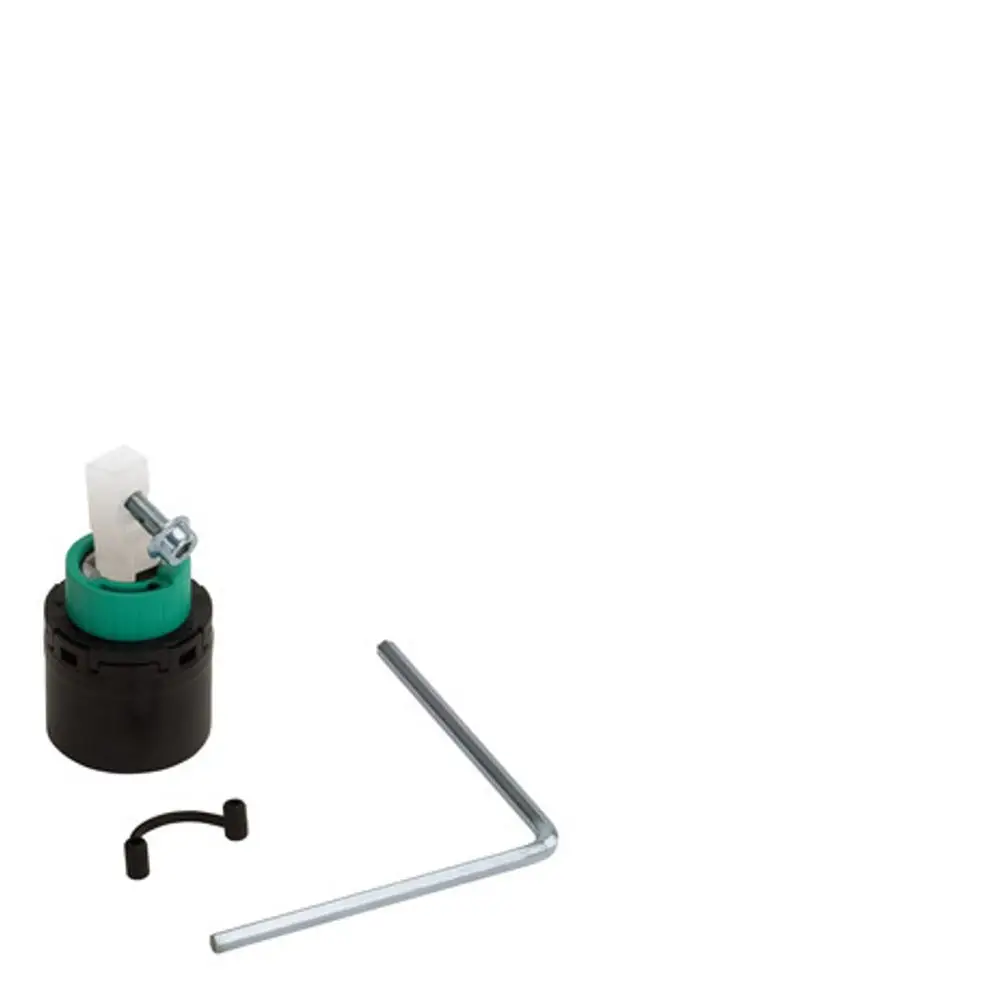 Hansgrohe Kartusche mit einem schwarzen Grundkörper, grünem Aufsatz und einem weißen Element, begleitet von einem Inbusschlüssel und einem Haltering zur Montage.