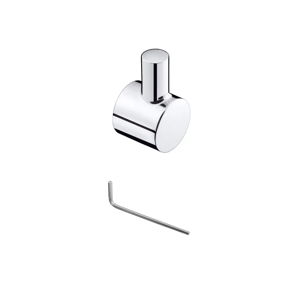 Chromfarbener Thermostatgriff von Hansgrohe mit rundem, flachem Design und einem kleinen Lenkungszapfen. Eine Inbusschlüssel-Befestigung ist ebenfalls sichtbar.