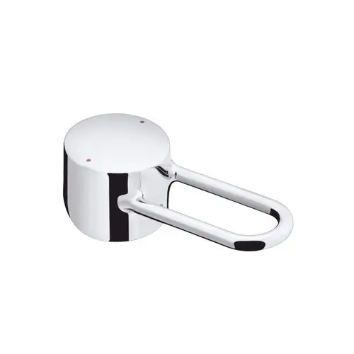Glatte, runde Oberfläche eines Hansgrohe Bügelgriffs mit zwei Farbpunkten in Rot und Blau zur Markierung. Der Griff hat einen langen, gebogenen Arm.