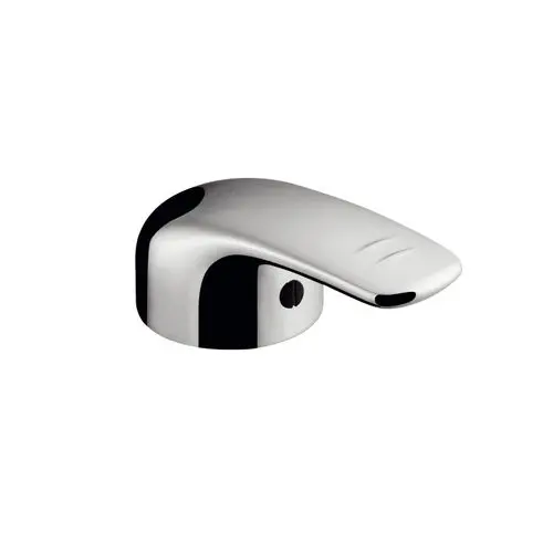 Hansgrohe Metris Griff in Chrom, mit flacher Oberfläche und leicht geschwungener Form, geeignet für Armaturen in modernen Badezimmern.