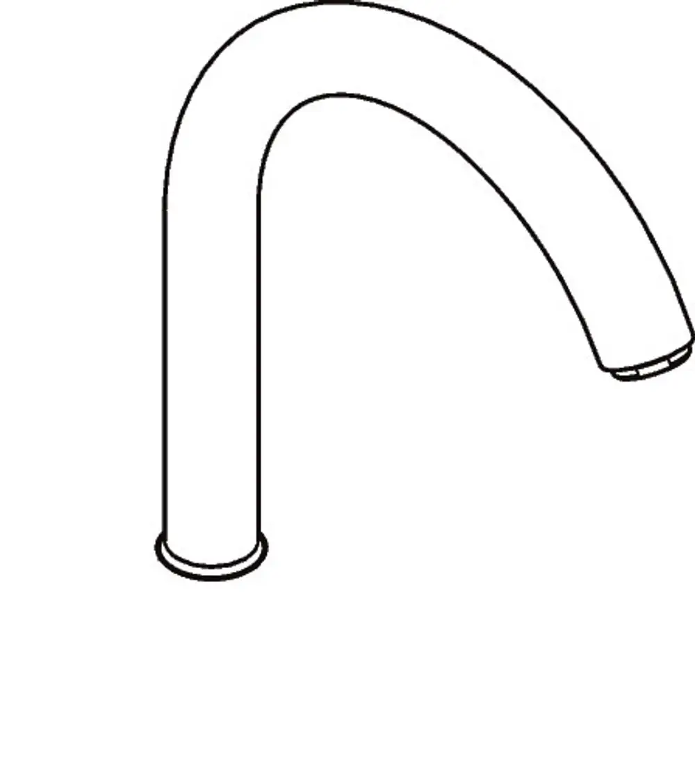 Auslauf eines Spültischmischers von Hansgrohe, in gebogener Form, mit einem glatten, einheitlichen Design und einem offenen Ende für den Wasserfluss.