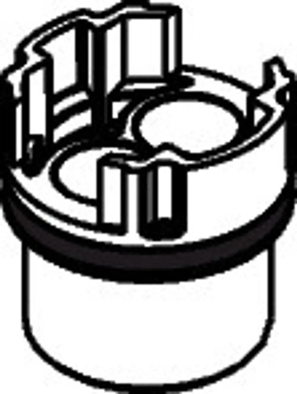Abgebildet ist ein Teil eines Waschtischmischers von Hansgrohe. Es zeigt die Innenseite einer Mischerkartusche mit verschiedenen Konturen und einem zylindrischen Körper.