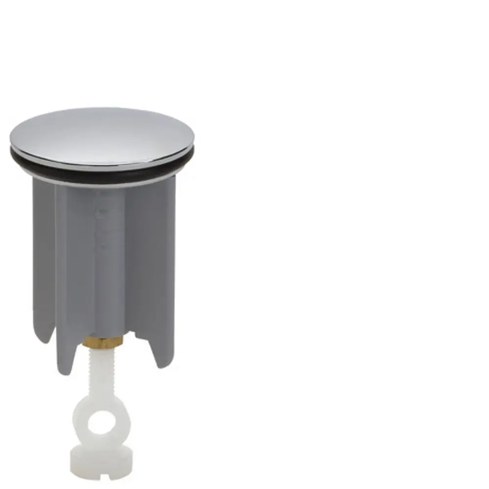 Chromfarbener Flügelstopfen mit runder Oberfläche und verstellbarem Mechanismus, produziert von Hansgrohe, geeignet für Waschbecken oder Wannenabläufe.