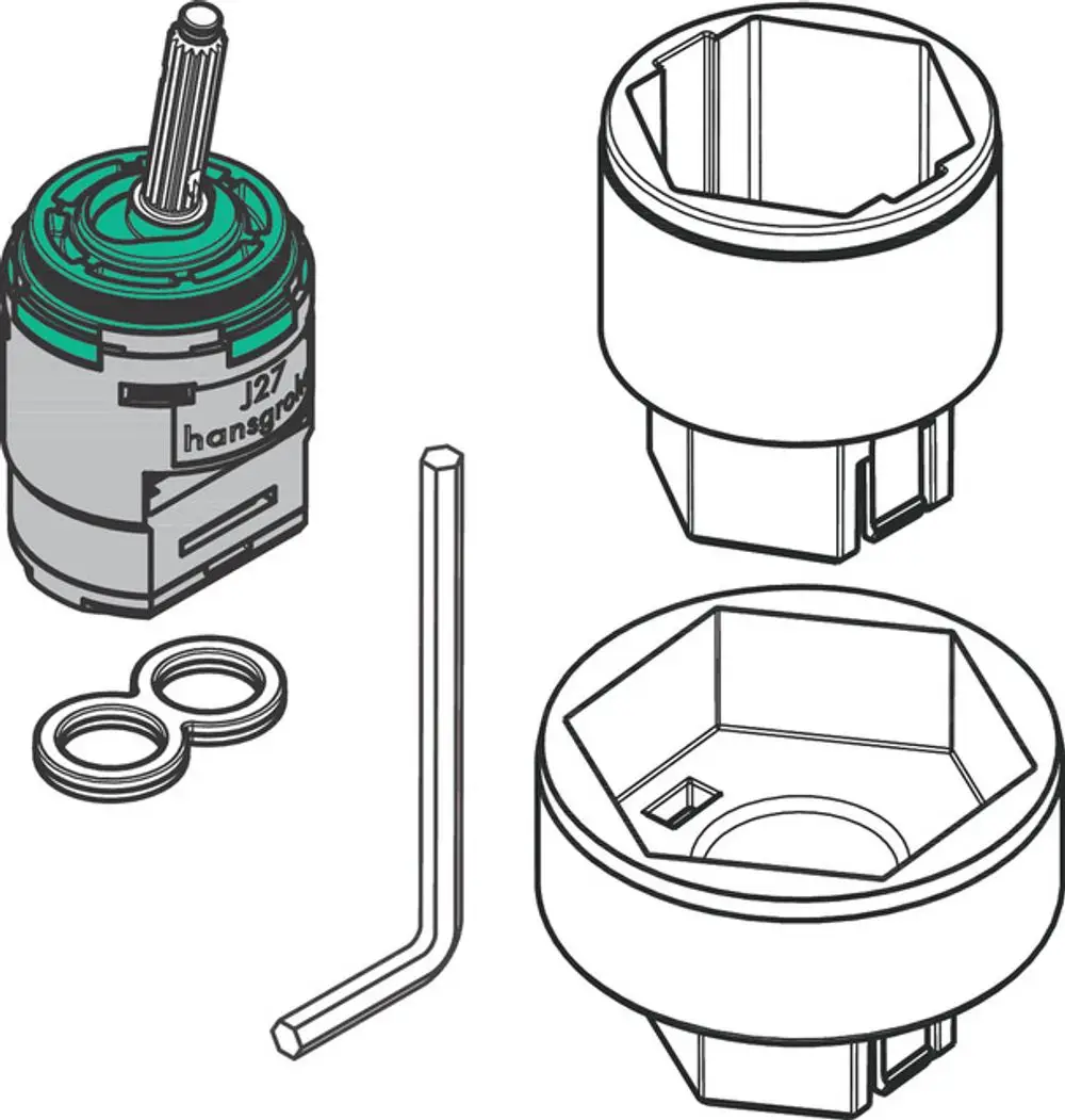 Joystick-Kartusche von Hansgrohe mit zwei Dichtungsringen, einem Inbusschlüssel und zwei hexagonalen Aufsätzen zur Montage oder Demontage.