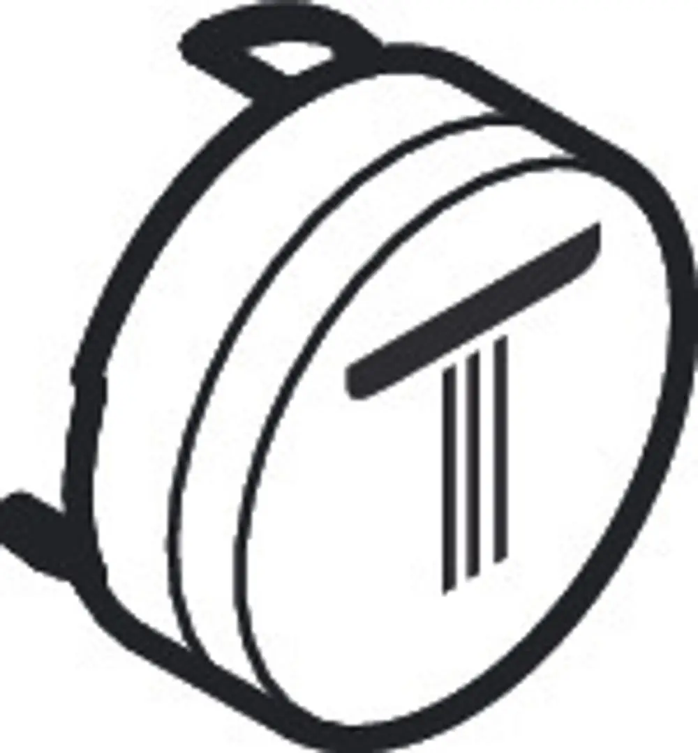 Druckknopf-Symbol für eine Kopfbrause von Hansgrohe, in Weiß gehalten. Zeigt eine minimalistische Gestaltung mit Linien für die Wasserströmung.