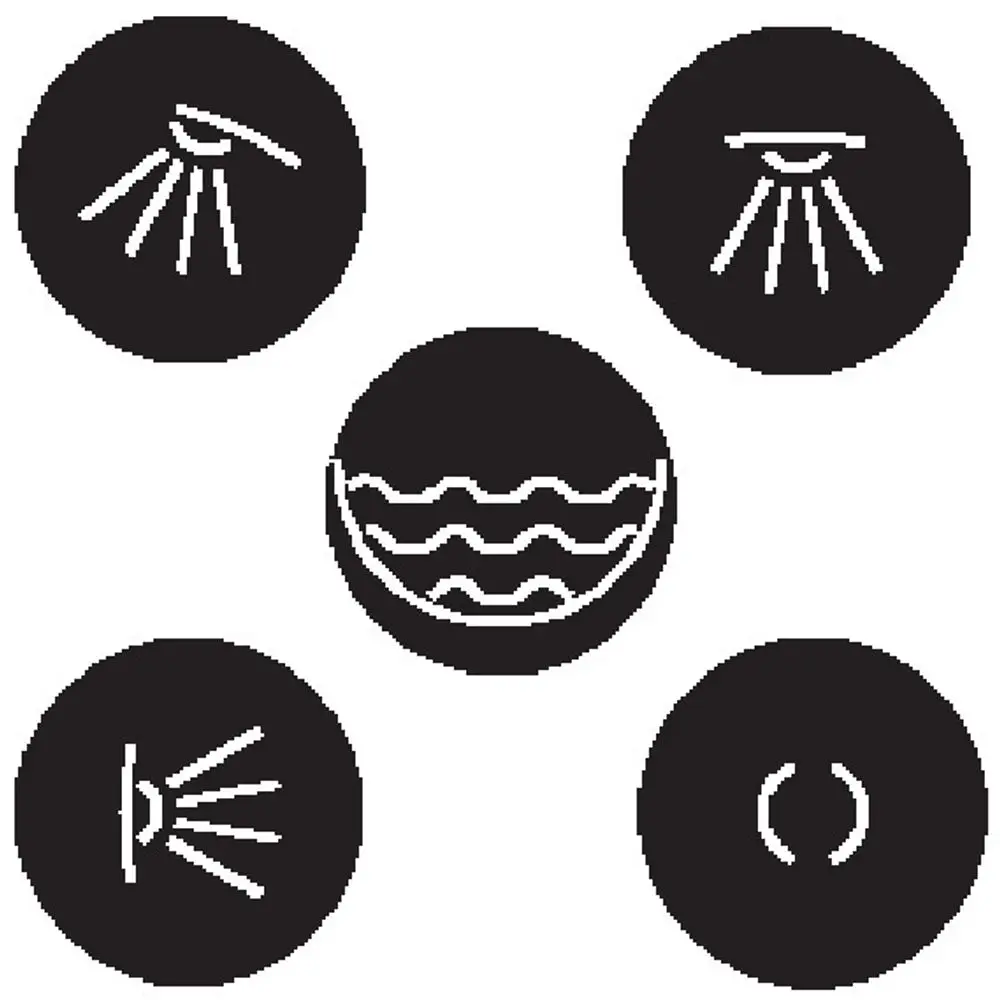 Illustration von verschiedenen Klebesymbolen in weiß auf schwarzem Hintergrund, dargestellt in Kreisformen, entworfen von Hansgrohe.
