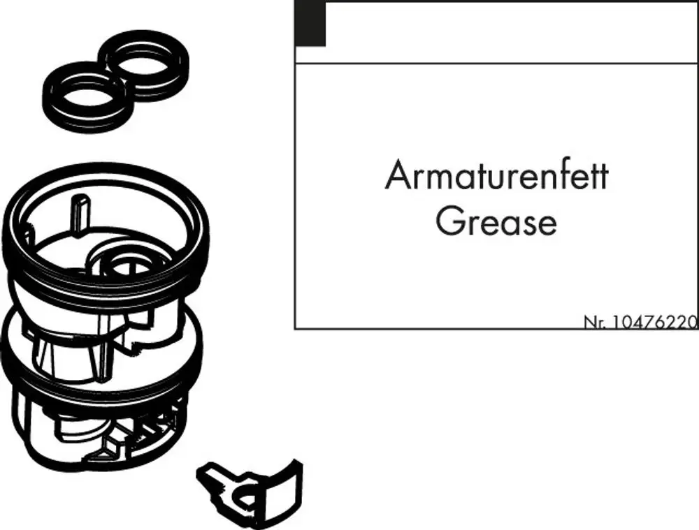Schwarz-weiß Zeichnung eines Hansgrohe-Adapters mit zwei Dichtungsringen, einer Unterkonstruktion und einem separaten kleinen Bauteil. Angaben zu Verwendung und Teilenummer sichtbar.