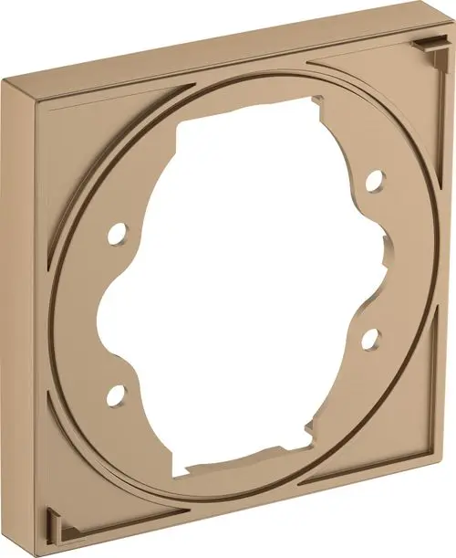Rosette in mattem Goldton für Hansgrohe Duschsystem, mit quadratischer Grundfläche und runder Aussparung in der Mitte, um eine sichere Montage zu ermöglichen.