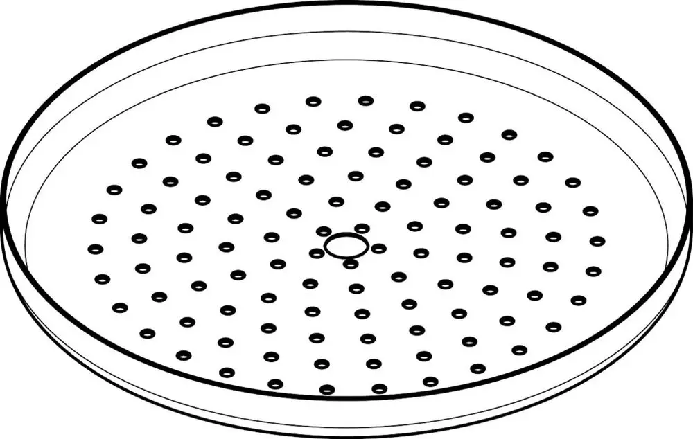 Runde Kopfbrause mit einer scheibenförmigen Oberfläche, ausgestattet mit vielen kleinen Düsen, designed von Hansgrohe. Ideal für eine gleichmäßige Wasserverteilung.