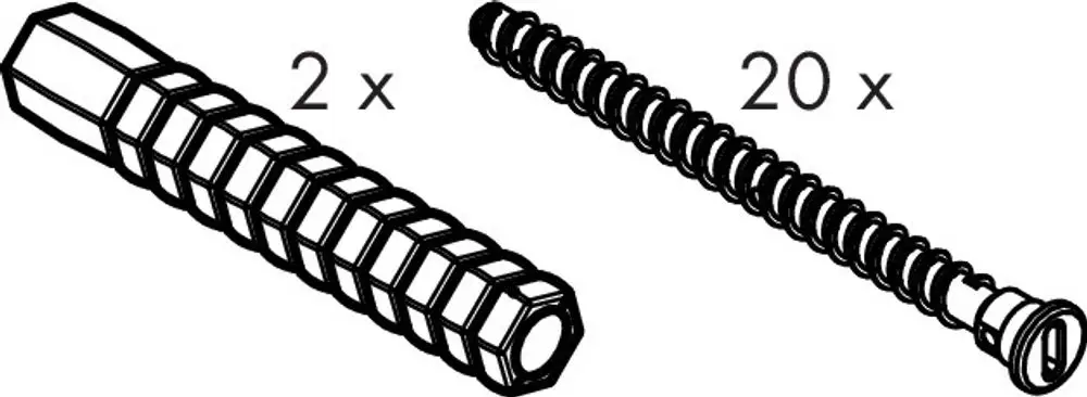 Zwei Schrauben mit sechseckigem Kopf sowie 20 Schrauben mit innerem Gewinde, dargestellt in einer schematischen Zeichnung. Hansgrohe Befestigungselemente für eine Installation.