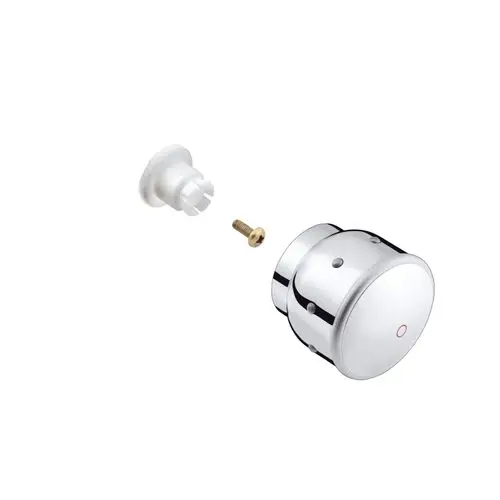 Hansgrohe Griff in Chrom-Optik mit goldenen Elemente, bestehend aus einem runden Kopfteil, einem weißen Unterteil und einer Schraube zur Befestigung.