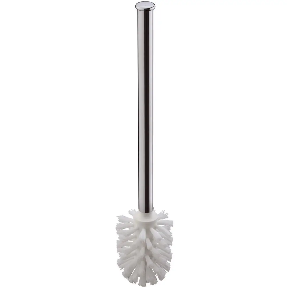 Bürste mit langen weißen Borsten und schmalem Edelstahlstiel, geeignet für die Reinigung von WCs. Produktdesign von Hansgrohe.